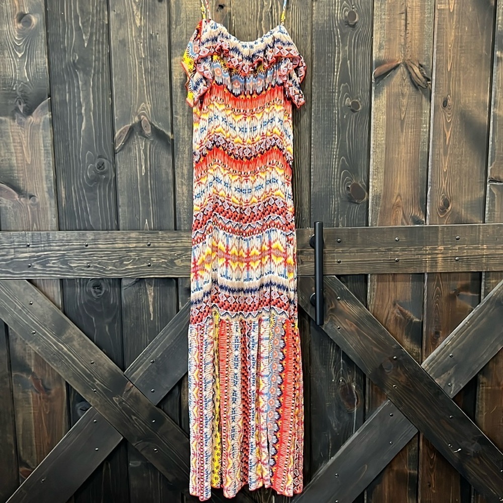 Easel‎ Pleated Maxi Dress L Colorful Boho Ruffle Flowy Sundress 100% Cotton